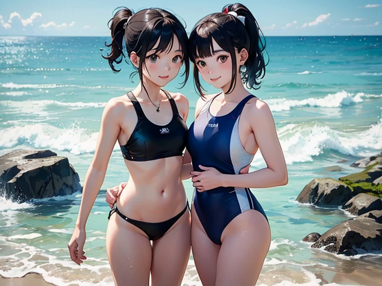 (masterpiece:1.2, Highest quality), (Realistic photos), Beautiful illustrations, (Natural side lighting, Cinema lighting),(2 girls), Japanese, 20-year-old female, Perfect Face, Symmetrical cute face, Glowing Skin,(Black short bob)、Dark blue eyes, (Huge breasts:1.2), Cleavage、Slender build、Beautiful Hair, Beautiful Face, Fine and beautiful eyes, Beautiful body, Beautiful breasts,(Black Bikini)、smile、Blushing、Standing side by side、Sandy Beach、Beach、Ocean、Blue sky、(My whole body is wet:1.1)