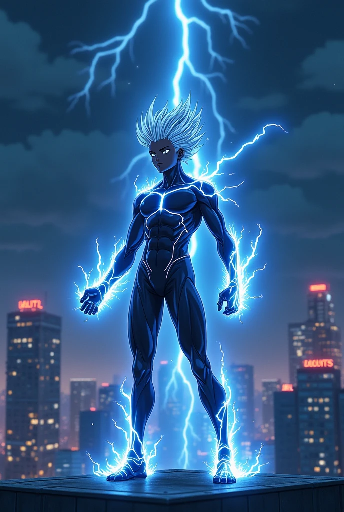 full body, Goku Ultra iInstinct, with batman suit, magical energy furiously circulating his body, luminous white hair, silver eyes, looking at viewer, mouth closed, fighting stance, in a completely destroyed city, masterpiece, anime, 8k , correct anatomy,