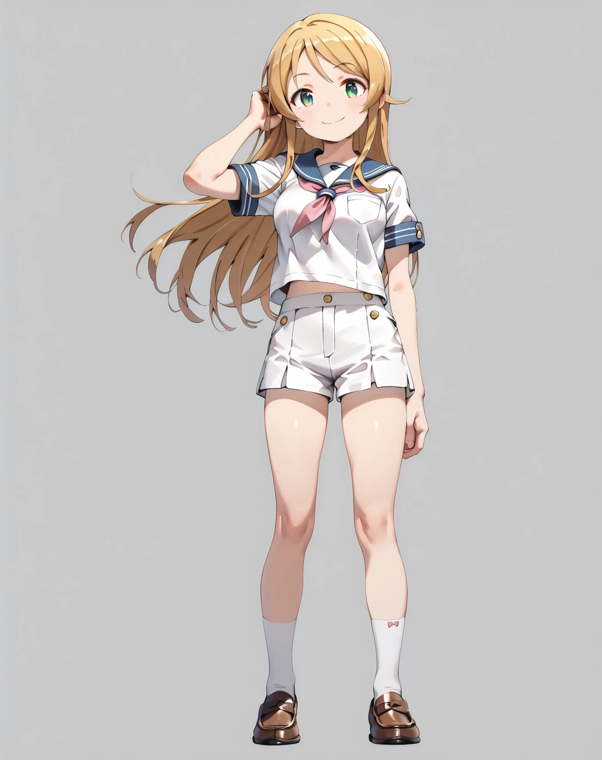 (masterpiece), (Highest quality), High resolution, (Very detailed), (Best illustrations), (Best Shadow), (so beautiful), (very cute), (Absurd), (White Background), (White room), (White-pink carpet), Round face shape
(Highly detailed face), Perfect limbs, Intricately detailed face, （High Contrast：2）
(Head to toe full body view), Take center, Shadow Weakening, 

My Little Sister Can&#39;t Be This Cute, (Kirino Takasaka), (kirino kousaka), 1 girl, 
Blonde Hair, Orange glossy hair, Long Hair, Green Eyes, bangs, Hair Clip, Round Breasts, Shyness, smile, Pitiful, 
 
Perfect limbs, Perfect Anatomy, Thin legs, Long legs, Five perfect fingers, One person, so beautiful少女, very cute少女, Big eyes, slender, Tight waist, 
Delicate and smooth skin, 細部までこだわったBeautiful Skin, Wet, sexy,Charm, Her behavior is very quiet., 
Beautiful Skin, Wet, sexy, Charm, full body of a young girl, 
(One person、solo:1.3), Full Shot, panoramic, 

high school girl, Sailor suit, 

Standing, Beautiful legs slightly apart, View from the front, 
