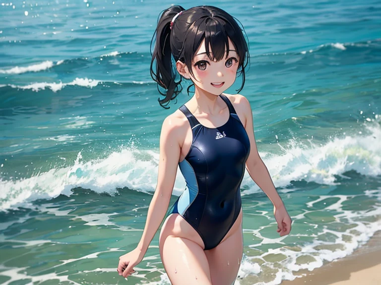 Anime girl in swimsuit on the beach with hair in ponytail, wearing a swimming wear, Swimsuit, Smooth Anime CG Art, cute girl wearing a tank suit, beautiful alluring anime teen, swim wears, Makoto Shinkai and ArtGerm, 3d anime girl, (Anime Girl), Beautiful anime girl, By Shinkai Makoto!!, By Shinkai Makoto!