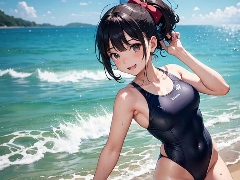 A woman wearing a separate swimsuit、Draw a scene of a person walking towards the sea on a beach with a swim ring。The excited expressions before entering the sea、The sparkling surface of the sea represents the joy of summer.。In the background、The horizon and sky in the distance are depicted.。