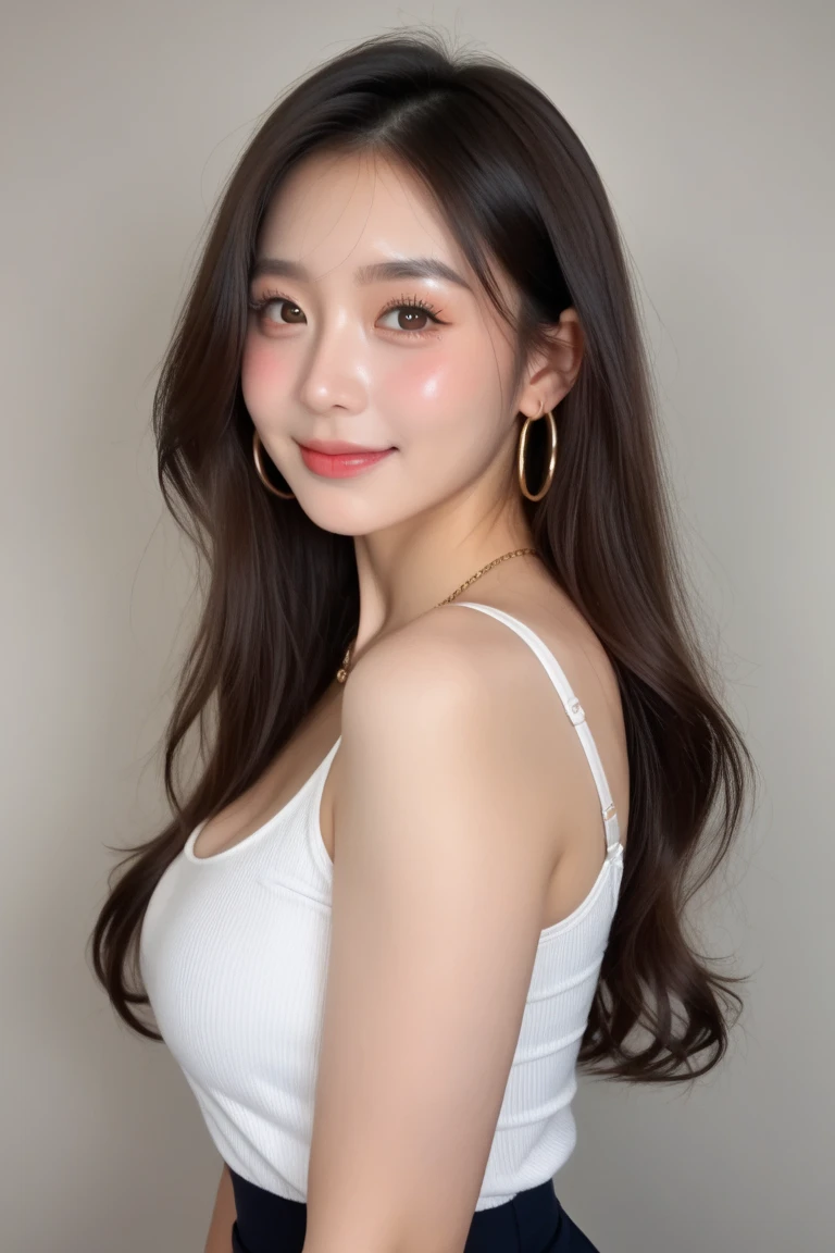 (Masterpiece, best resolution: 1.2), ((illustration), (extremely detailed), (best illustration),1girl, (yellow singlet top), long jeans pants,white background, (((far shoot:1:2))), (((front shoot))),(best quality), (super detailed), (masterpiece), (detailed face), realistic 1 girl with a perfect figure, asians girl, chinese girl, full body, living room, light make up, white top, eyes look front, small eyes, double eyelid, front view,long curly hair, ((full body:1:1)), pose shoot