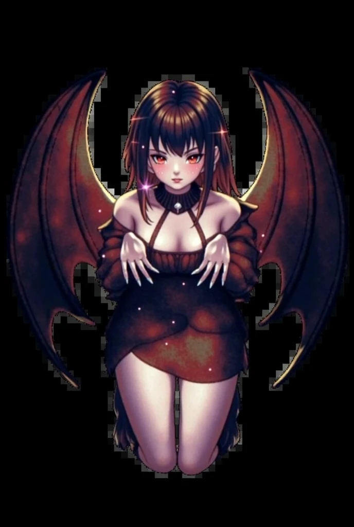 Hentai anime,hentai artist,masterpiece, chibi,best quality, anime art, backlight effect, front body in shadow, dramatic lighting , strapless leotard, thighs, purple eyes , nishikino maki love live, pov, from below, sitting on viewer,standing ,pink see-through elbow gloves,pink see-through pantyhose, red hair, head tilt, looking at viewer , wearing morrigan aensland custom , indoors, night