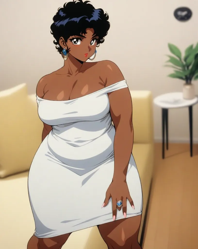 anime character with white hair and blue cape walking down a hallway, Thick, she has a round belly, fat and wavy, big thighs, seductive anime girl, anya from the spy family x, oppai proportions, cuerpo Thick, black anime manga girl, muslos Thicks, full length portrait of a short!, , huge legs towering over you