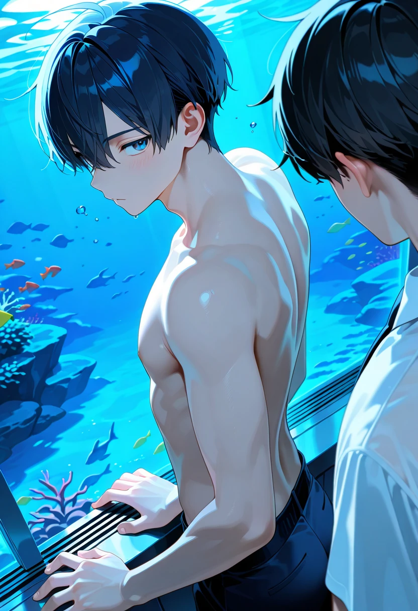 masterpiece,best quality,high quality,extremely detailed,(2 male austere handsome men, adult age 30 years old:1.5),(purple eyes, cool with suspended eyes), strong and fearless body, 8.5 head tall and 185cm tall,(well-groomed black short hair to neck:1.4), (bangs parted in thirds:1.4), (pectoral and rectus abdominis muscles:1.3), slender nose, facial muscles, (saltwater pants:1.3), (hand on neck:1.3), (scowling smile:1.3), (swimming:1.3), (stylish pose), (background deep sea underwater:1.3)