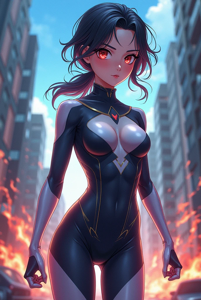masterpiece, best quality, pretty woman, black hair, superhero, leotard, bare legs, knee boots, gloves, lasers firing from her eyes