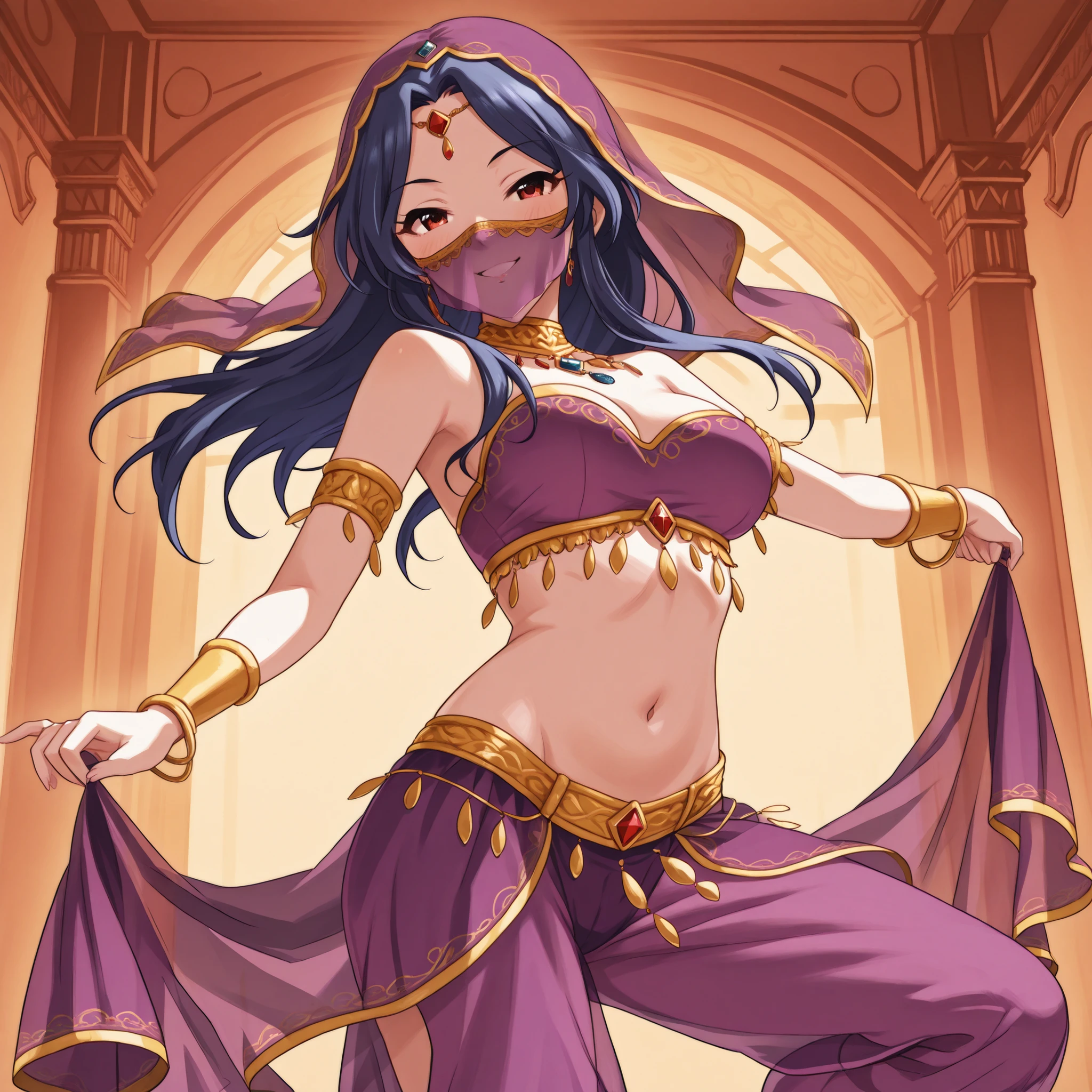 1girl:1 . 5) , (Seul:1 . 5) , score_9 , score_8_haut , score_7_haut , source_anime , Official work , ultra-detailed , masterpiece , best quality , high res , beaux yeux , detailed eyes , Detailed Face , beautiful detailed eyes , Idolm@ster, Komuro Chinami, Arabian Dancer ,belly dancer outfit ,face veil, veil,golden jewlery, harem skirt, harem pants, belly dancing, harem veil ,dancing with veil, arabian room, seductive smile, dynamic pose, sexy pose