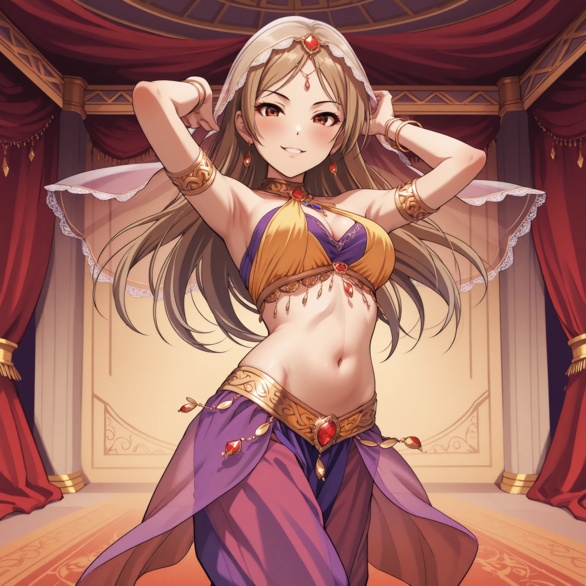 1girl:1 . 5) , (Seul:1 . 5) , score_9 , score_8_haut , score_7_haut , source_anime , Official work  , ultra-detailed , masterpiece , best quality , high res , beaux yeux , detailed eyes , Detailed Face , beautiful detailed eyes , Idolm@ster, Matsunaga Ryo, Arabian Dancer ,belly dancer outfit ,, veil,golden jewlery, harem skirt, harem pants, belly dancing, harem veil ,dancing with veil, arabian room, arabian palace,  seductive smile, dynamic pose, sexy pose