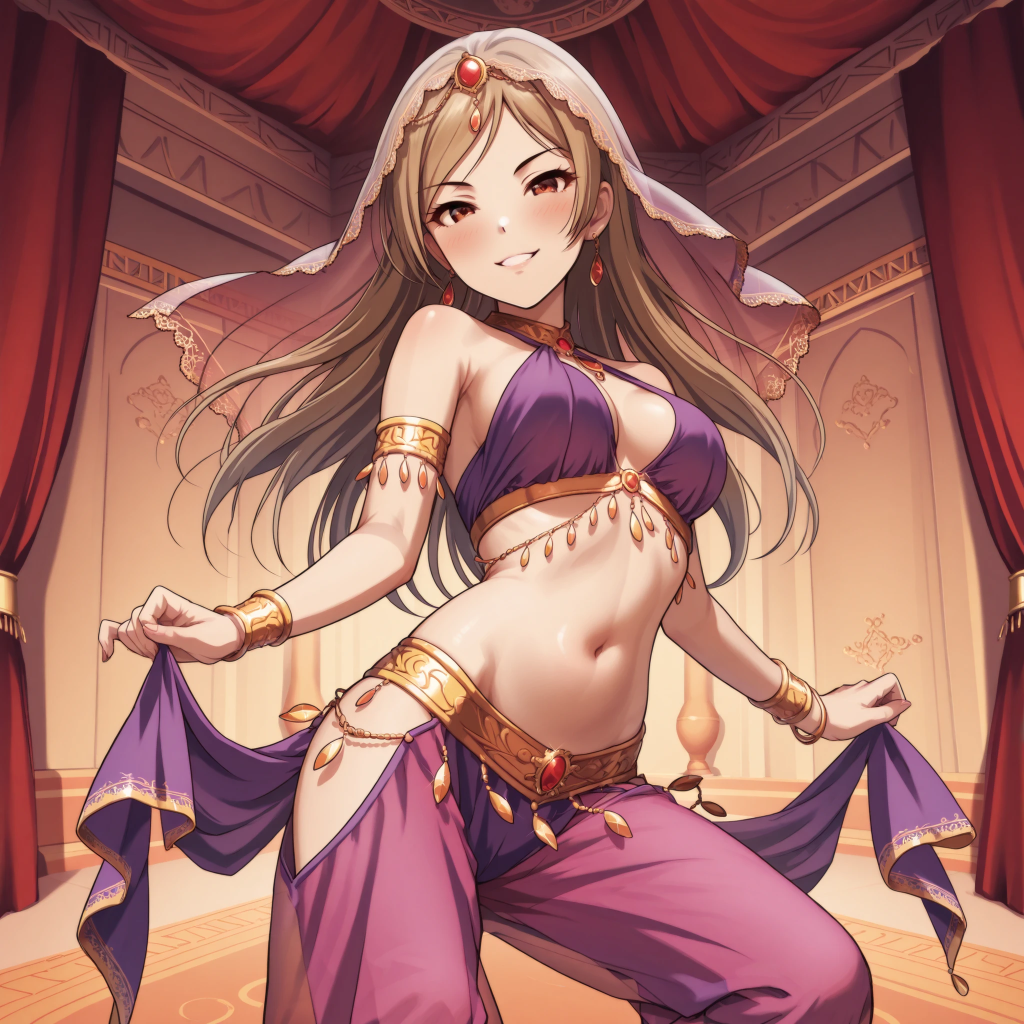 1girl:1 . 5) , (Seul:1 . 5) , score_9 , score_8_haut , score_7_haut , source_anime , Official work , ultra-detailed , masterpiece , best quality , high res , beaux yeux , detailed eyes , Detailed Face , beautiful detailed eyes , Idolm@ster, Matsunaga Ryo, Arabian Dancer ,belly dancer outfit ,, veil,golden jewlery, harem skirt, harem pants, belly dancing, harem veil ,dancing with veil, arabian room, arabian palace, seductive smile, dynamic pose, sexy pose