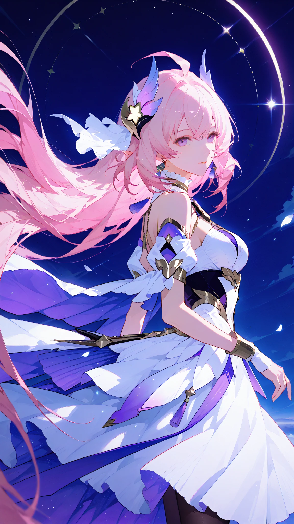 honkai：Star Dome Railway 、Pink and blue glitter hair、Bright night sky、(Widescreen 16x9)(Meteor swarm:1.2)、(comets:1.1)、