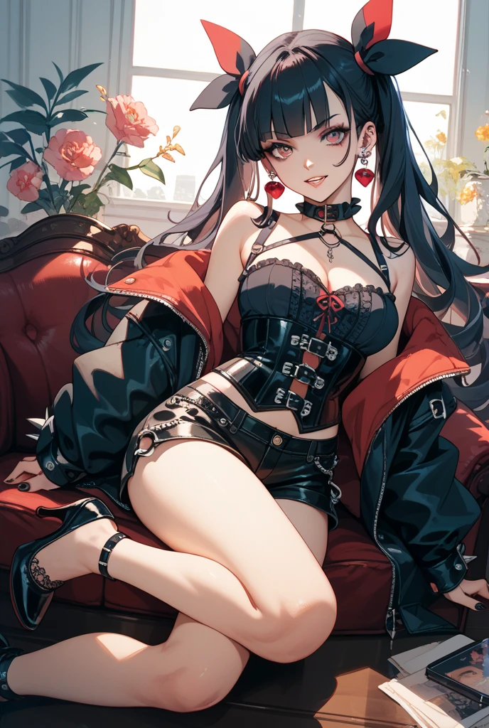 Highest quality、Highest quality、Masterpiece、girl((Metal body,Age 25、as soon as、Highest Bust、Medium Bust、Wide open chest、Red glowing eyes、Black Ear、Red Mesh、Disheveled Hair、Loincloth、thin、The best valley、Open chest、Luminous Wristbands、hair ornaments、Full body view、Black short-sleeved hoodie、Red pants、scar、cell phone、Ruby Necklace、No underwear、hat,Embarrassed face、Sit on a chair、Crossing your legs))、high quality、Beautiful Art、background((night、Red room、Cool chair,Cool chess board、table、red wine))、flight、Flying Debris、Depth of text、movie、Visual Arts、Perfect Art、8K、Genuine、