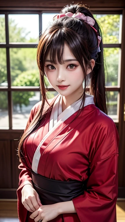 one girl, (a beauty girl, delicate girl:1.3), (24-years-old:1.3),
break, (Shrine maiden costume:1.3), Zoom in on face,
break, Very fine grain definition, (Symmetrical eyes:1.3),
break, (Inari Shrine:1.3), (torii:1.3),
break, Small breasts, Brown eyes, Parted bangs, Brown Hair,  girl,
break, (Eye and facial details:1.0),
break, (masterpiece, highest quality, Super detailed, Detailed face, 8k)、seductive smile、cleavage、double bun、