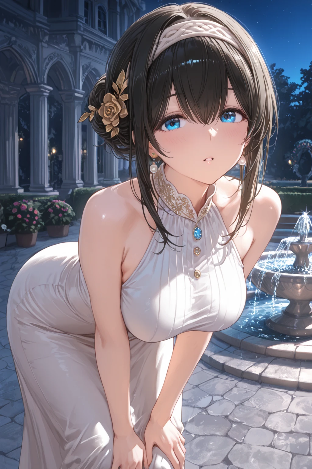 20 year old female，enchantment，Sacred，in love，Medium chest、seductive pose，(Princess Dress:1.2)，dark blonde hair，blue eye maximalism，Multi-layered delicate frills，Lots of races，(delicate pattern:1.1)，(Exquisite costumes:1.1)，(Yellow-white tone)，princess crown，see-through transparent clothes，beautiful and detailed face，Bedroom scenes in western mythology，night，the only person，(Flowing skirt:1.1)，beautiful dear other.、，race,(shine:1.2), (highest quality), (table top:1.2),、Pose that emphasizes the buttocks、Pink lace panties