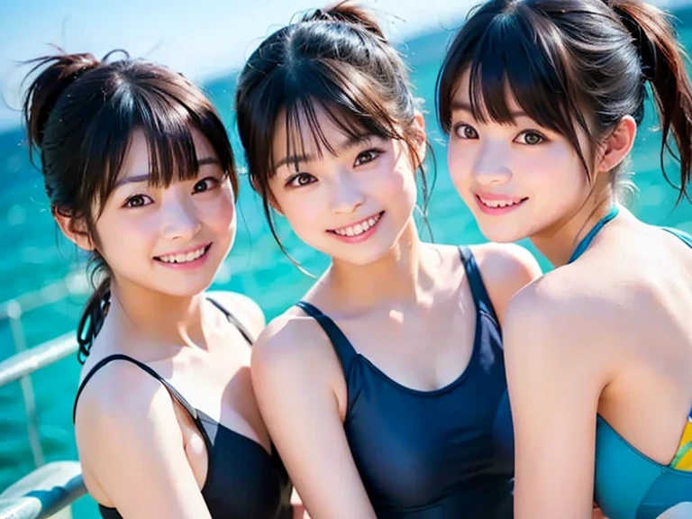 2 girls, japanese, hug from behind, looking at viewer, smile, happiness, joyful, bikini, 20 years old, pretty face, cute face, beautiful face, gravure, medium breast, medium hair, fantastical southern island coast, {{{masterpiece}}}, {{{best quality}}}, {{ultra-detailed}}, {illustration}, {{an extremely delicate and beautiful}}, 8K