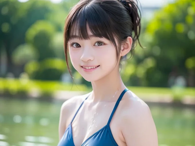 close up face,standing on stage,Blue colored long dress with lots of ruffles,One woman,masutepiece, The highest image quality, High quality, the background is clear,Beautiful woman, Japanese, Detailed, Detailed eyes, Detailed skin, Beautiful skin, 超hight resolution, (reality: 1.4),Very beautiful woman, Slightly younger face, Beautiful skin, slender, (Ultra photo realsisim), (hight resolution), (8K), (Very detailed) (beautifully detailed eyes), (super detailed), (Detailed face), view the viewer, Fine details, Detailed face, Staring straight ahead, Staring straight ahead, photos realistic, Bright lighting, Professional Lighting, Black hair,poneyTail,a baby face,fifteen years old,Hairstyle is ponytail,long ponytail hairstyle,slight smile,neat and tidy clothing,Beautiful Japanese KPOP idol photo, hair style is ponytail, my eyes are double and wide, baby face, smile and look straight ahead, slender, small breasts,Blue ribbon on head,