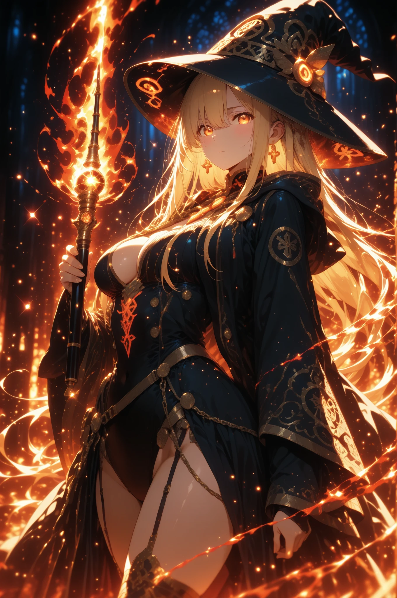 ((highest quality)),(ultra high resolution),(Super detailed),(detailed description),((best CG)),(best work of art),super precision art,amazing drawing art,(Fantasy art with precise details:1.5), (1 female:1.5),((witch:1.6)),(beautiful and well-shaped face:1.5),(crimson eyes:1.5),(Finely detailed crystal rod:1.6),(ring with sparkling gemstones:1.4),(tattoo imitating runes:1.4),action pose:1.8, (A detailed and detailed flame magic circle:1.4),(afterimage:1.4),flying flames:1.3,