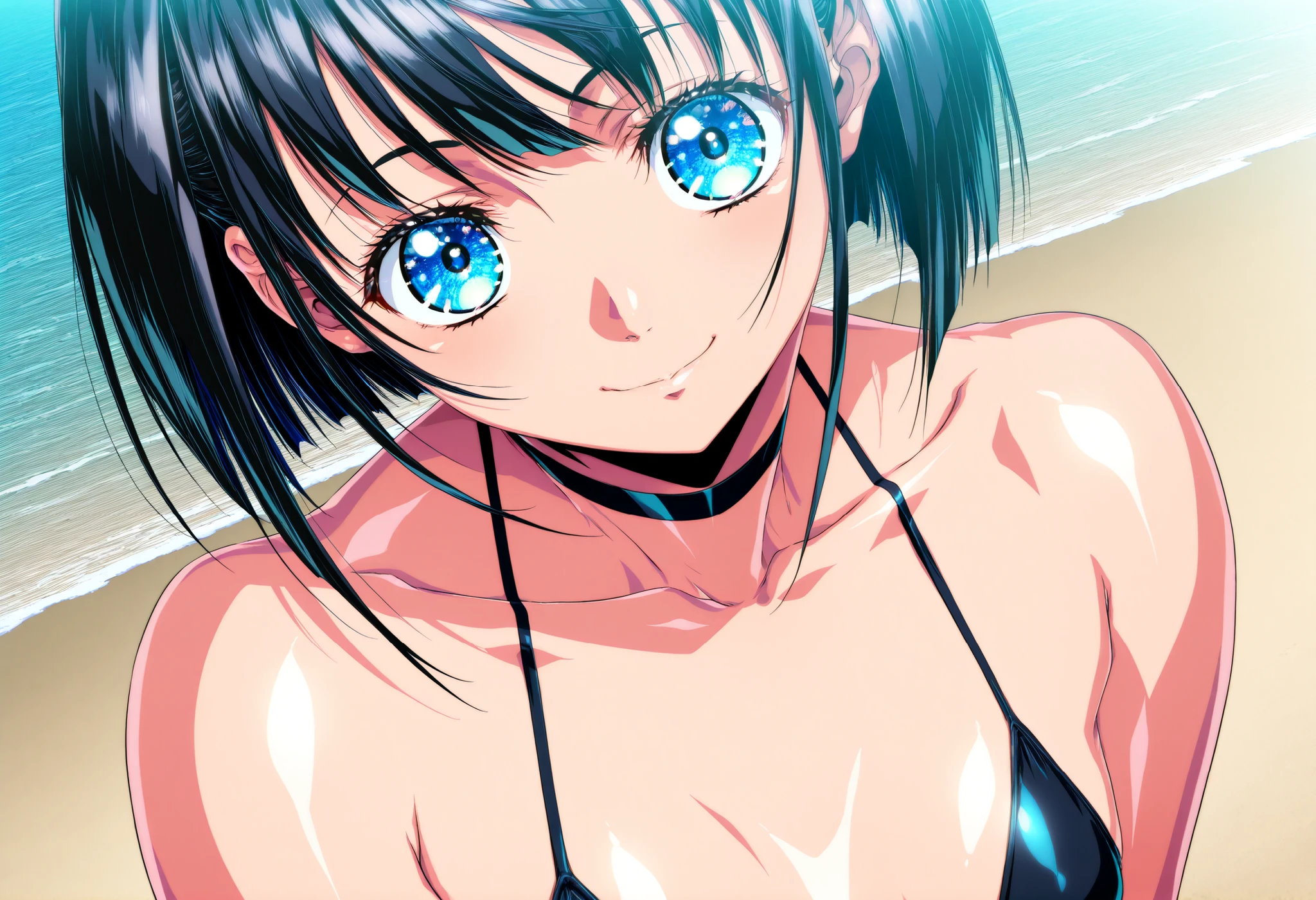 Anime style young woman with wolf features with tail ears with gray hair wearing a bikini in the water