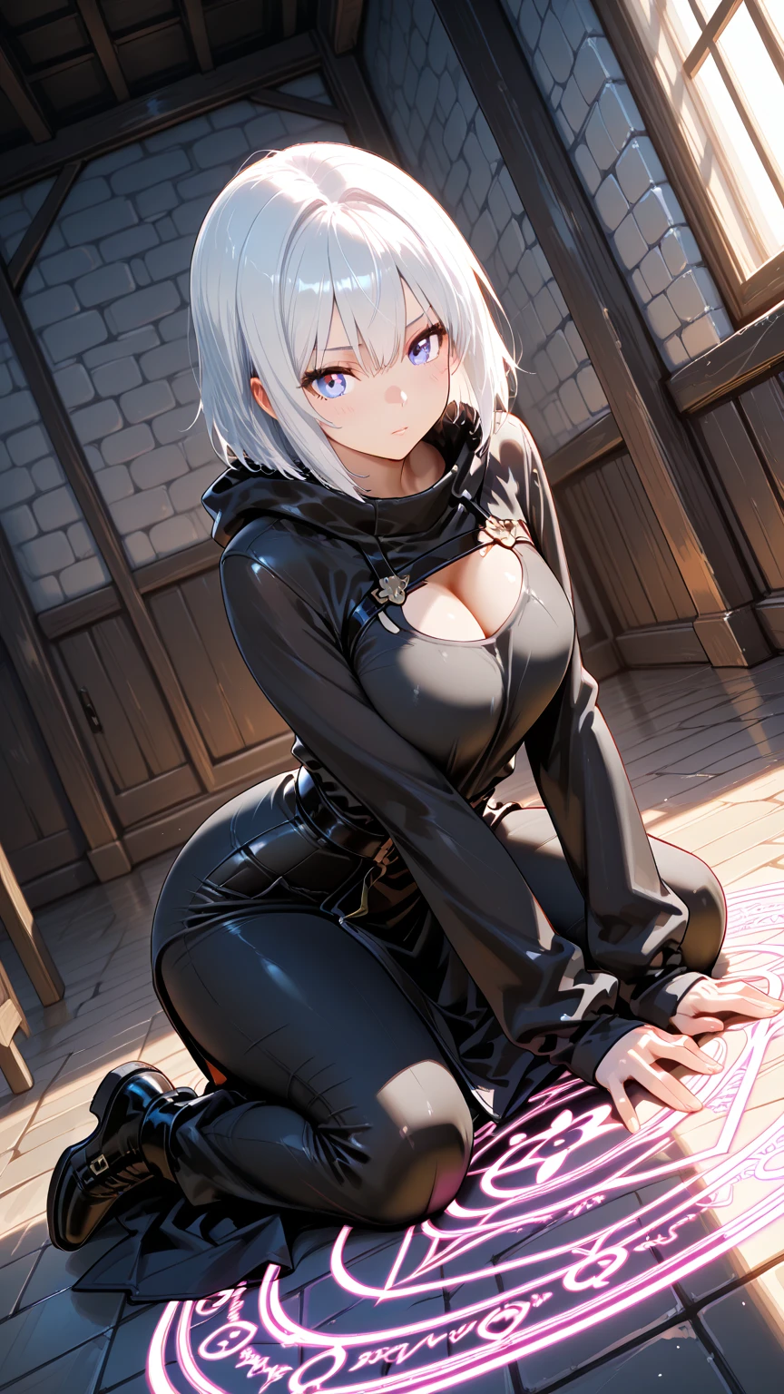 2b, 2b, black hairband, shairband, Short hair, White hair,Blake Black Skirt, black thighhighs, long boots, cleavage cutout, Clothes Cutout, shairband, high-heels, Long sleeves, droid, side slits, Skirt, Thigh boots, thighs thighs thighs thighs,BREAK looking at viewer, Full body,BREAK outdoors,BREAK (masutepiece:1.2), Best Quality, High resolution, Unity 8k壁纸, (Illustration:0.8), (Beautiful detailed eyes:1.6), extra detailed face, Perfect Lighting, extremely details CG, (Perfect hands, Perfect Anatomy),,(black panties:1.3)、(Fully exposed panties:1.5)、(Squatting:1.3)