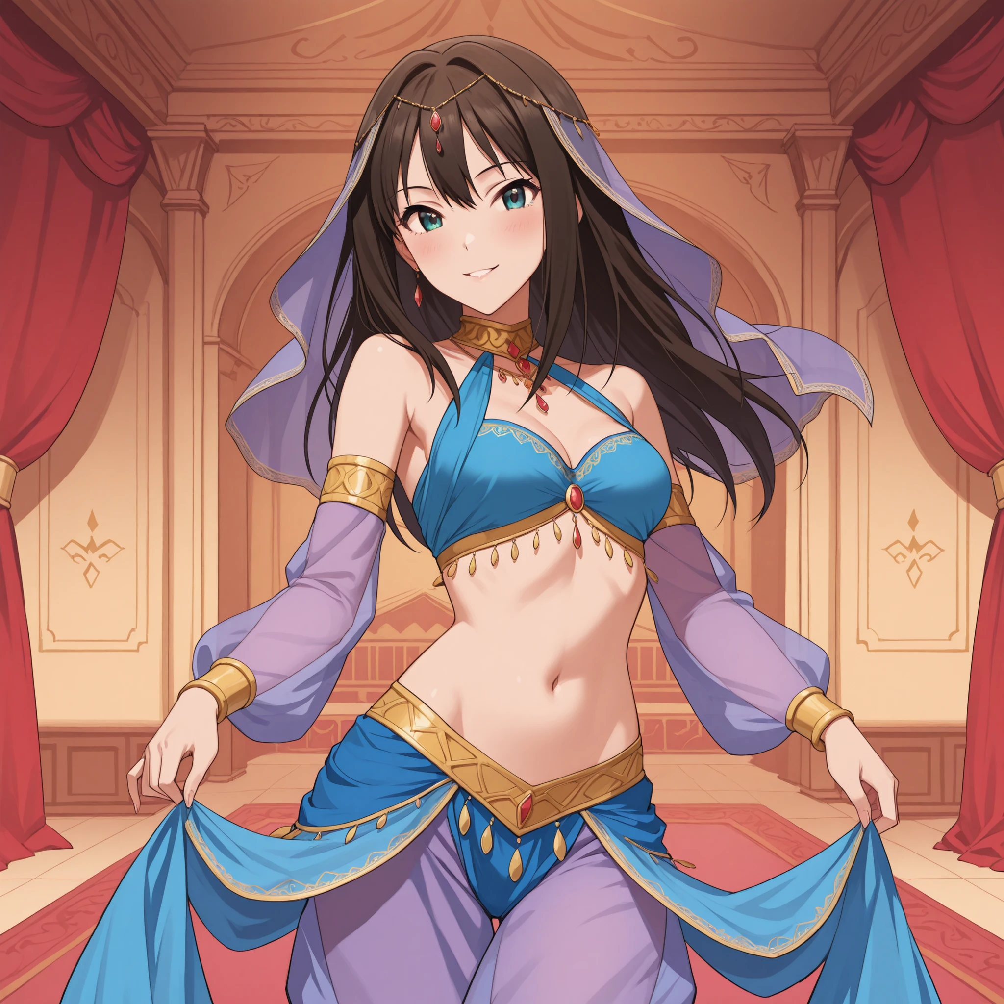 (1girl:1 . 5) , (Seul:1 . 5) , score_9 , score_8_haut , score_7_haut , source_anime , Official work , ultra-detailed , masterpiece , best quality , high res , beaux yeux , detailed eyes , Detailed Face , beautiful detailed eyes , Idolm@ster, Shibuya Rin , Arabian Dancer ,belly dancer outfit , veil,golden jewlery, harem skirt, harem pants, belly dancing, harem veil ,dancing with veil, arabian room, arabian palace , seductive smile, sexy pose