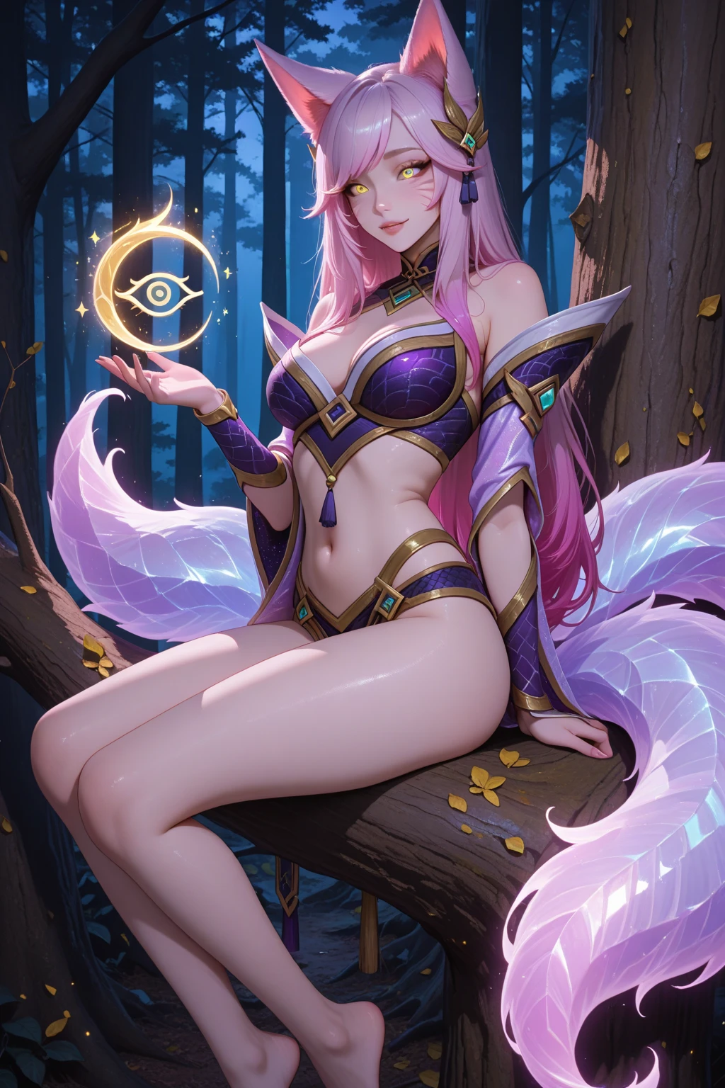 She is an elf girl, she has light purple hair with medium skin, and golden eyes. she has large breast. Her clothing colors consist of white, black, gold, and purple, she is in the woods all the time and is a nightshade elf. So she has lots of light purple markings and tattoos of her skin. She has a crested moon on her head. She is in the forest.