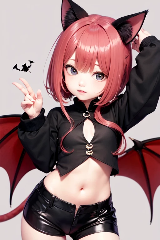 solo,best quality, masterpiece,pink hair, blue eyes, upper body,cut face,Standing,shiny hair, jk face leg,skindentation,small breasts,dark background,Demon wings,Demon tail,hands in pockets,Happy,eyes visible through hair,power symbol-shaped pupils,pink eyes,glowing eyes,Pink hair,Standing,