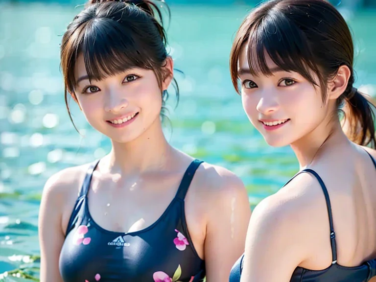 (8K、超A high resolution、Best Quality、masuter piece、Photorealsitic、The ultra -The high-definition)(huge tit、Pretty big breasts、Beautiful butt:1.18)(High Leg Swim Racing Suit、Big close-up、(Always lie face down on the ground)、Always solo、1a person:1.25)(Black hair semi-long bob:1.15)A Japanese Lady、Super cute、Competitive swimsuit、Smile happily(Singapore hotel rooftop pool)