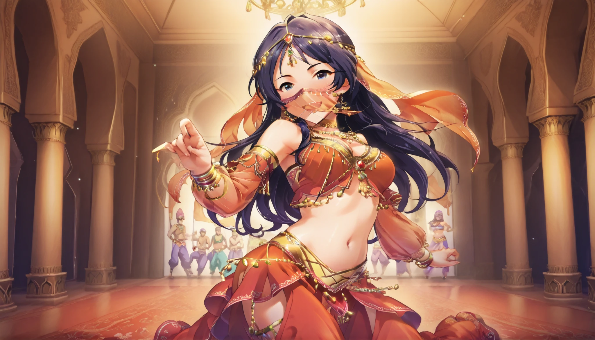 (1girl:1 . 5) , (Seul:1 . 5) ,, score_9 , score_8_haut , score_7_haut , source_anime , Official work , ultra-detailed , masterpiece , best quality , high res , beaux yeux , detailed eyes , Detailed Face , beautiful detailed eyes , Idolm@ster, Sugisaka Umi , Arabian Dancer ,belly dancer attire , mouth veil, veil,golden jewlery, harem skirt, harem pants, belly dancing, harem veil , sexy pose