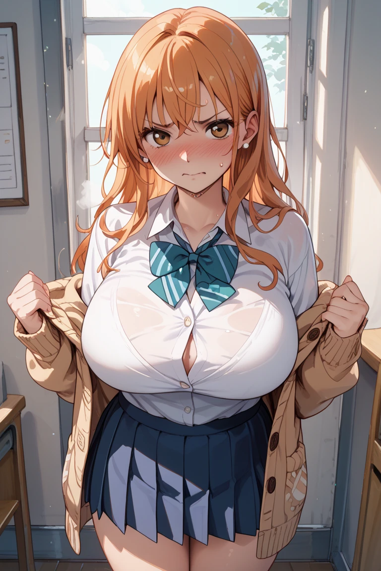 (​masterpiece、top-quality、top-quality、Beautifully Aesthetic:1.2)、ighly detailed、highestdetailed、grey  eyes、orange color hair|Semi-long blonde hair、cleavage of the breast、((School Uniformlack bra))、Matsumoto Rangiku、graffiti art、Look at the viewer、A smile、Shower room、((whole body Dripping wet))、(Black underwear)、((Clothes are see-through))、(a miniskirt)、(Plaid skirt)