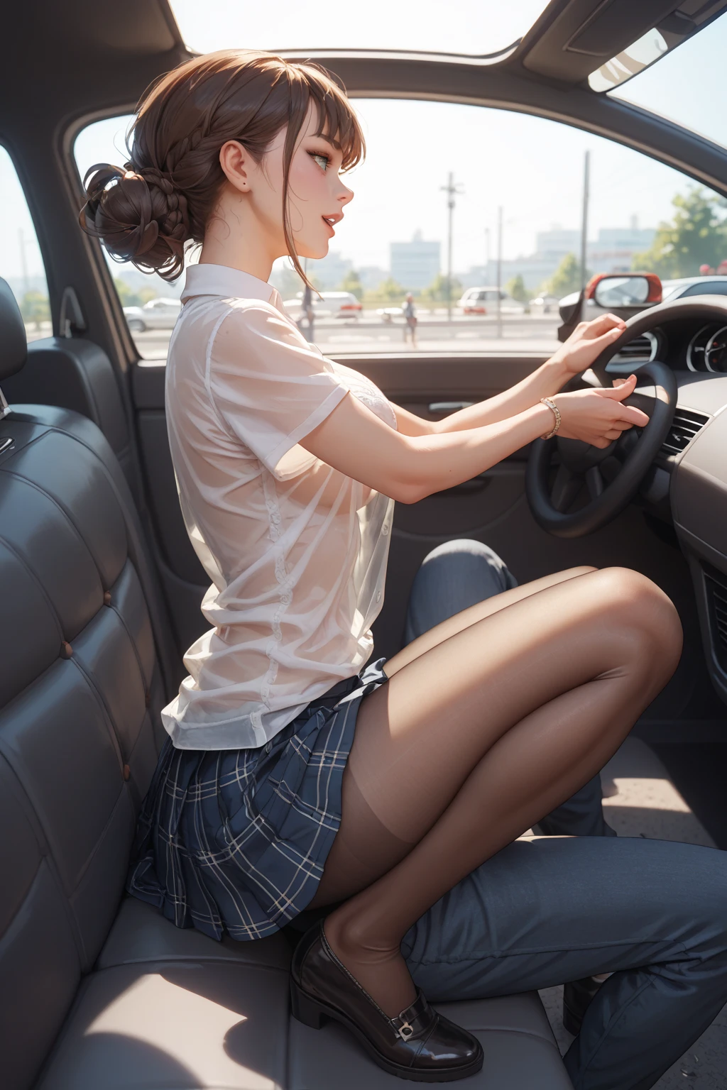 There is a woman sitting in a car, holding a cell phone, sitting in her car, 8K)) wearing stockings, [32K HD]^10,, leg and thigh shooting, leaked footage, exposed clothes, thighs close-up, exposed thighs. Anime style