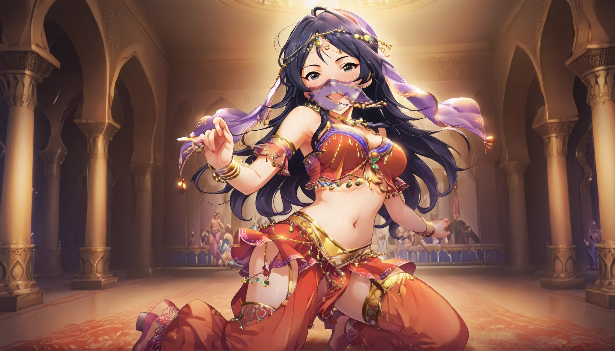 (1girl:1 . 5) , (Seul:1 . 5) ,, score_9 , score_8_haut , score_7_haut , source_anime , Official work , ultra-detailed , masterpiece , best quality , high res , beaux yeux , detailed eyes , Detailed Face , beautiful detailed eyes , Idolm@ster, Sugisaka Umi , Arabian Dancer ,belly dancer attire , mouth veil, veil,golden jewlery, harem skirt, harem pants, belly dancing, harem veil , sexy pose