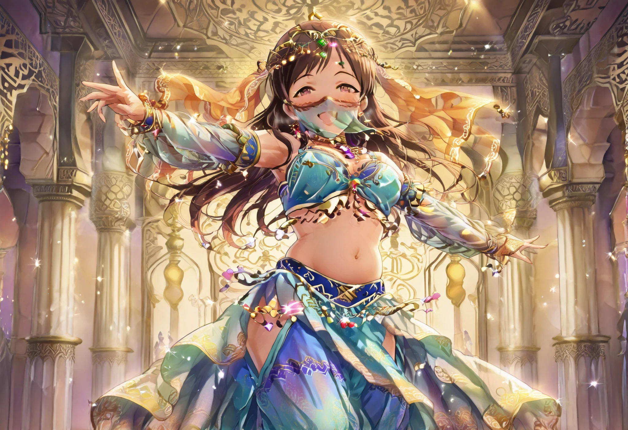 (1girl:1 . 5) , (Seul:1 . 5) ,, score_9 , score_8_haut , score_7_haut , source_anime , Official work , ultra-detailed , masterpiece , best quality , high res , beaux yeux , detailed eyes , Detailed Face , beautiful detailed eyes , Idolm@ster, Nitta Minami , Arabian Dancer ,belly dancer attire , mouth veil, veil,golden jewlery, harem skirt, harem pants, belly dancing, harem veil