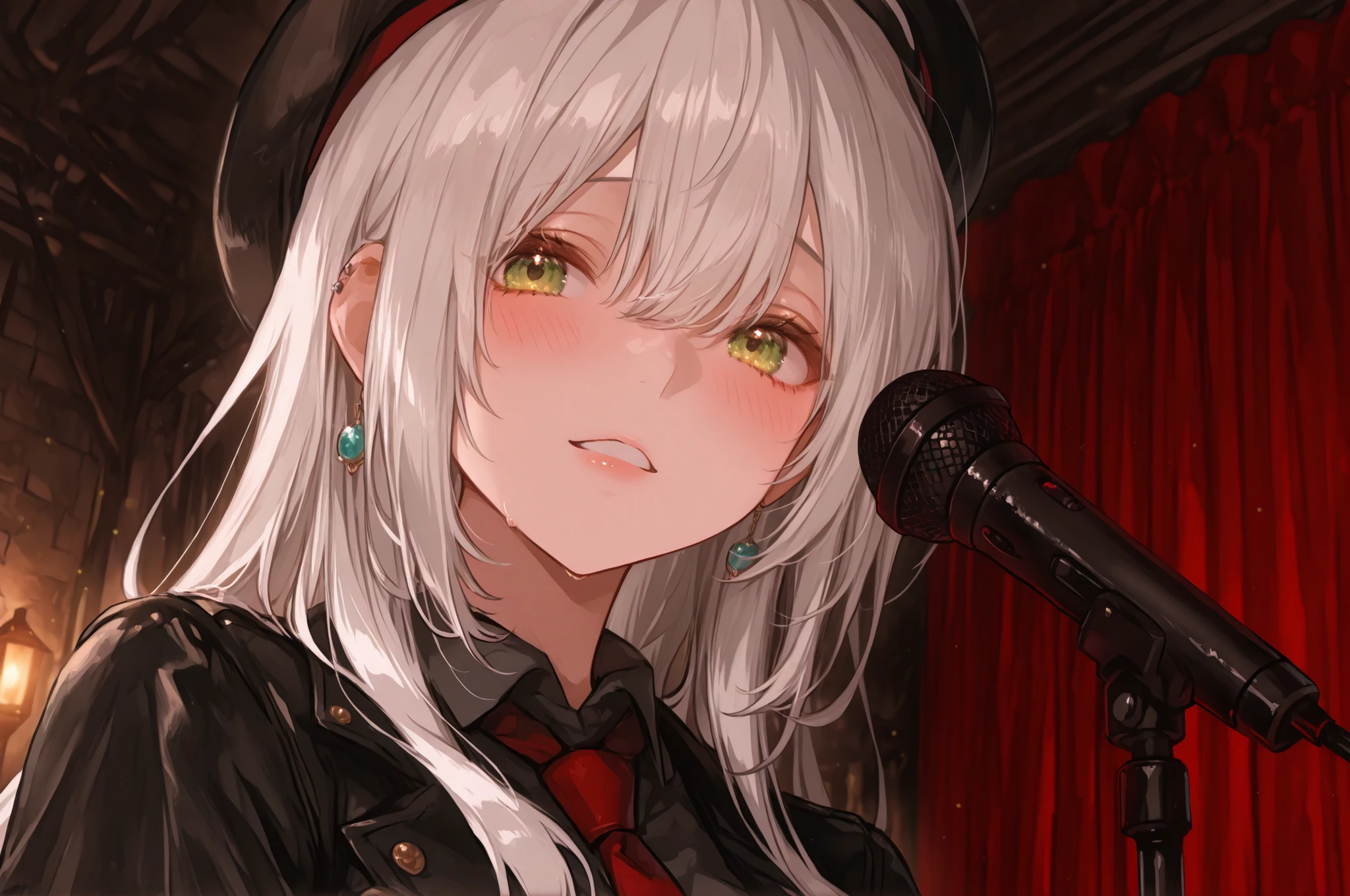 Female vocalist who winks。Microphone Stand。A。Angle showing the upper body from below