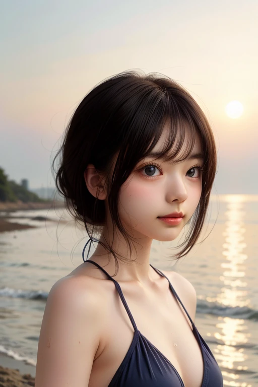 one girl、small face、cute face、brown hair:1.5、Loosely tied hair、camera's line of sight、small breasts、An ennui look、short bob:1.2、(((white camisole、dress)))、particles of light、sea of sunset、calm sea、white sand beach、very beautiful sunset、RAW photo、highest quality、High resolution、High resolution、masterpiece:1.3、8k、12k、professional photographer、