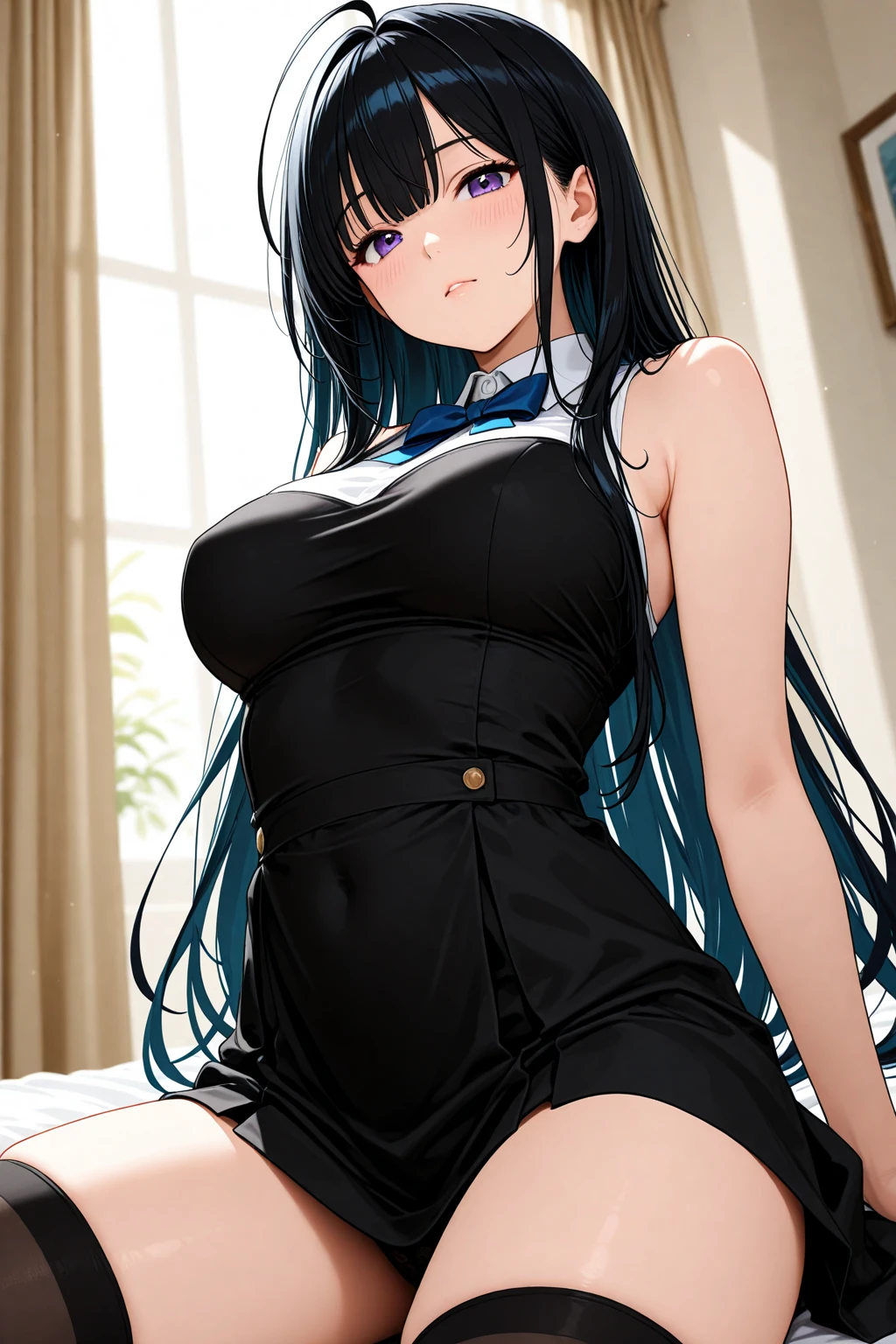 girl, solo, face of disgust, black hair, long hair, blue eyes, looking at viewer, sitting, nude, naked, ((nipple)), ((breasts milk)), large breast, showing breasts, pussy, cum on body, sweated, cum in pussy