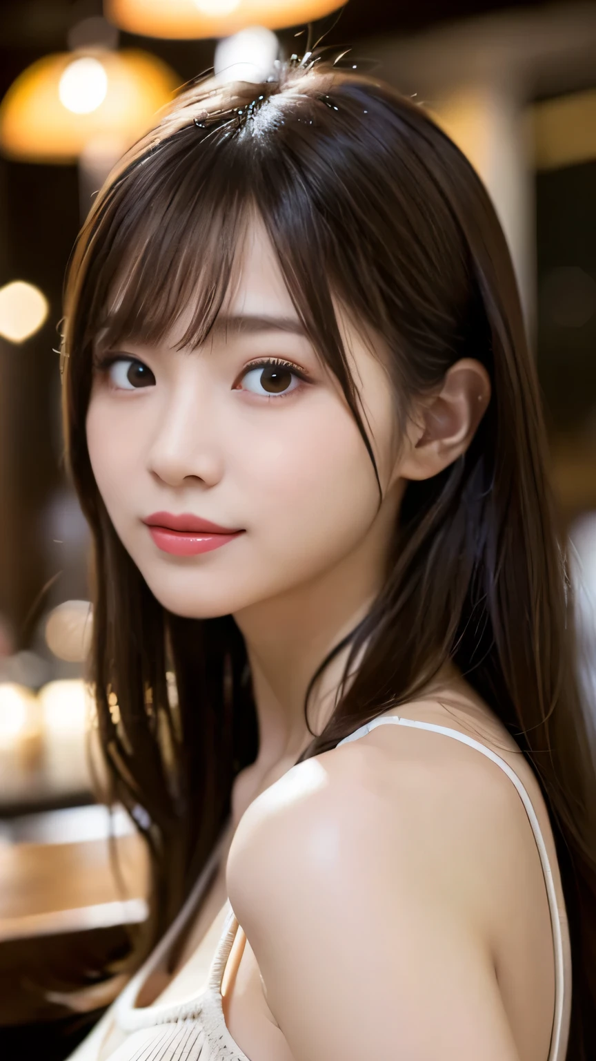Highest quality, masterpiece, Ultra-high resolution, (Realistic:1.4), (Close-up portrait) RAW Photos, 1 girl, 22 years old,Slender body,Large Breasts,((Long pink hair with straight bangs)),((Looking up at the audience)), Realistic pictures, ((Small breasts)),((Smiling with teeth showing)),Cleavage,wearing a black gown, Eiffel Tower in the background, Night view、whole body