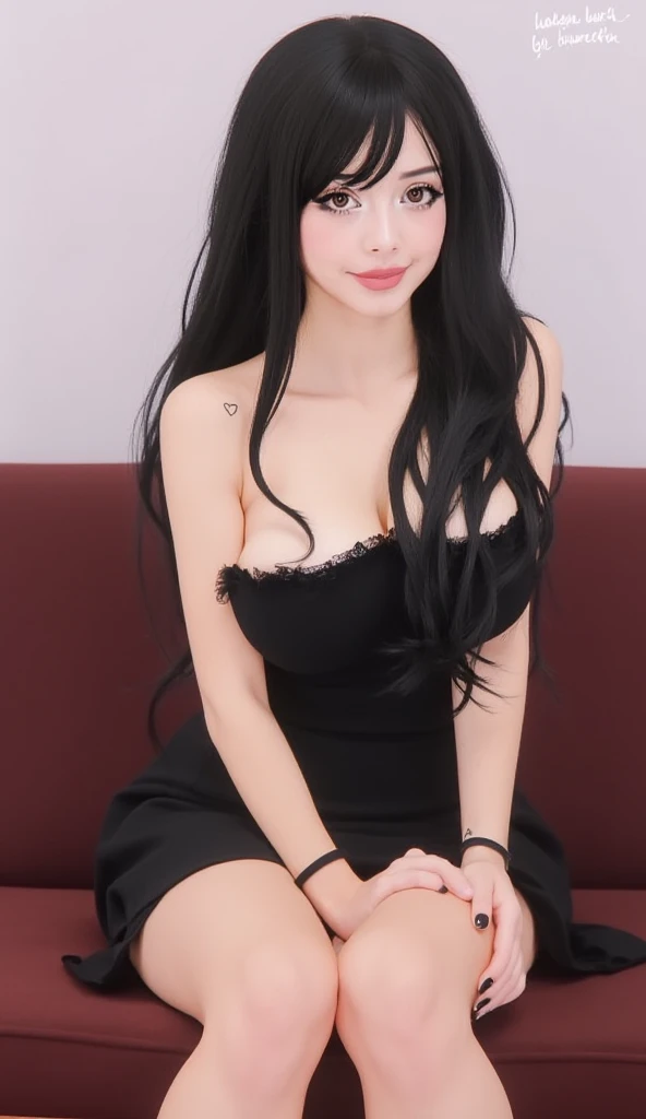 RAW, 1girl, colorful, (masterpiece, best quality), absurdres, dim lighting, backlighting, <lora:koreanDollLikeness:0.5>,
realistic, sharp focus, delicate, full body,
(pureerosface_v1:1.1), (ulzzang-6500-v1.1:0.4), (mature female:1.2),
standing, legs together, arms behind head, looking at viewer,
(detailed skin:1.3, detailed face:1.3), red lips,
(glossy_skin:1.2),
long_ wavy hair, black hair, seductive smile,
(gigantic breasts:1.2, thick thighs:1.1, narrow :1.1),
side slit, cleavage, strapless, black dress, hair bow, heart choker,
nightclub, spotlight,