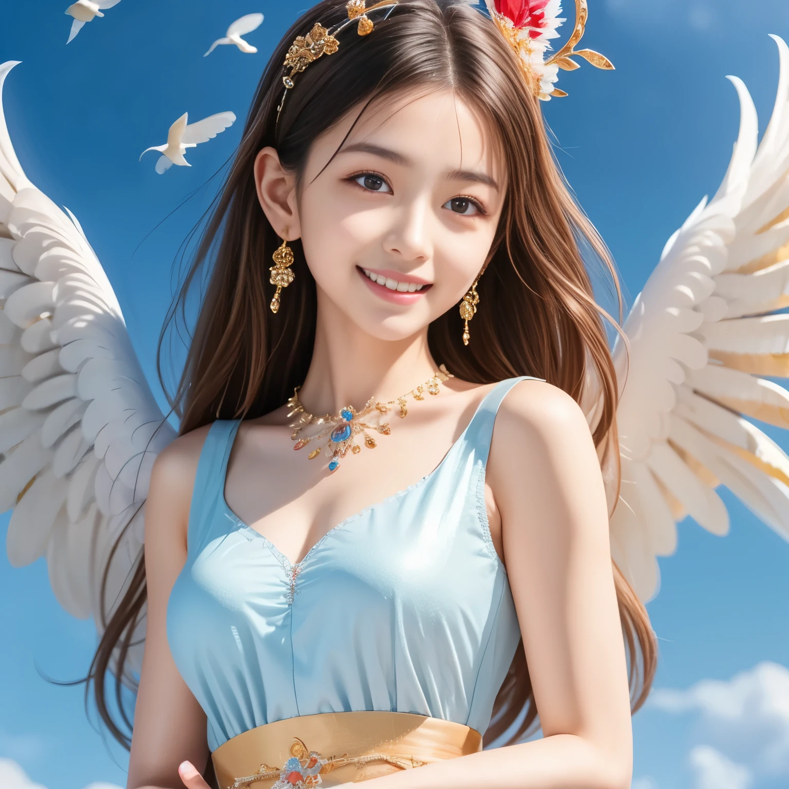 (masterpiece,best quality: 1.4),(8k,raw photo,photo realistic:1.2),shiny skin, detailed skin,detailed face,detailed eyes,Japanese idol,beautiful face,An image of a beautiful and divine goddess. The goddess is descending from the heavens and has a mysterious atmosphere. The divine light makes the goddess more visible. She is flying gracefully in the sky. The goddess has a perfect face and beautifully proportioned limbs. She is smiling and smiling, with a motherly expression on her face. On her back she has large white wings, with many feathers dancing. Her long hair is lightly wavy and beautifully silky. She wears gentle yet dignified clothes befitting a goddess. Her arms are outstretched as if to embrace all people.