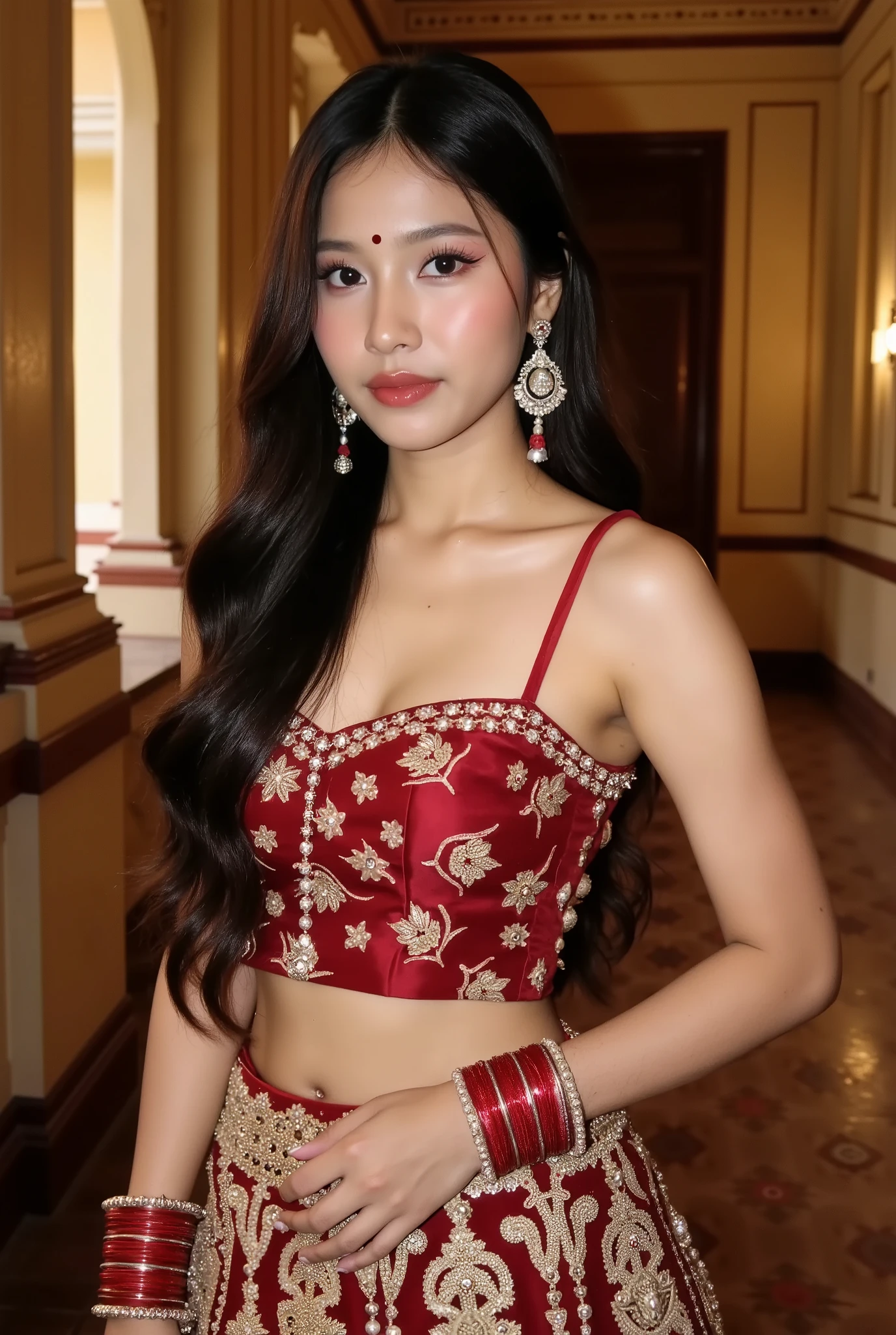 A beautiful 18-year-old Indian girl with fair skin, large expressive eyes, and long, dark flowing hair. She is dressed in a traditional Indian outfit — an elegant, richly embroidered lehenga choli in deep red and gold, adorned with intricate patterns and fine beadwork. She wears matching jewelry: a maang tikka on her forehead, bangles, and chandelier earrings. Her makeup is soft but defined, with a bindi on her forehead. She poses gracefully with a poised expression, exuding youthful charm and cultural elegance. The background is softly lit with golden tones, resembling a palace or a festive Indian setting. Ultra-realistic, cinematic lighting, high detail, 8K resolution.