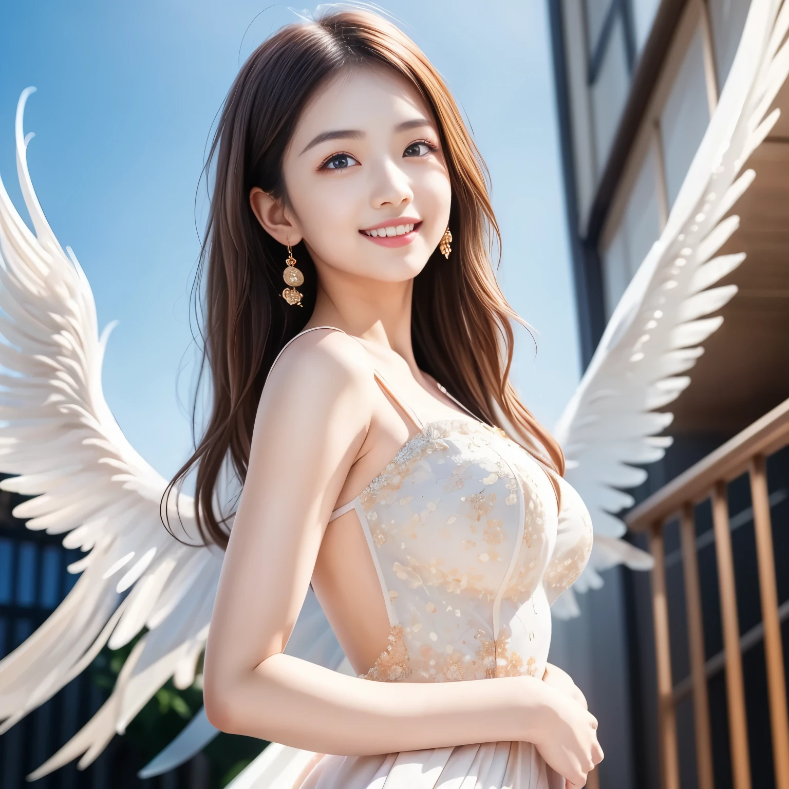 (masterpiece,best quality: 1.4),(8k,raw photo,photo realistic:1.2),shiny skin, detailed skin,detailed face,detailed eyes,Japanese idol,beautiful face,An image of a beautiful and divine goddess. The goddess is descending from the heavens and has a mysterious atmosphere. The divine light makes the goddess more visible. She is flying gracefully in the sky. The goddess has a perfect face and beautifully proportioned limbs. She is smiling and smiling, with a motherly expression on her face. On her back she has large white wings, with many feathers dancing. Her long hair is lightly wavy and beautifully silky. She wears gentle yet dignified clothes befitting a goddess. Her arms are outstretched as if to embrace all people.