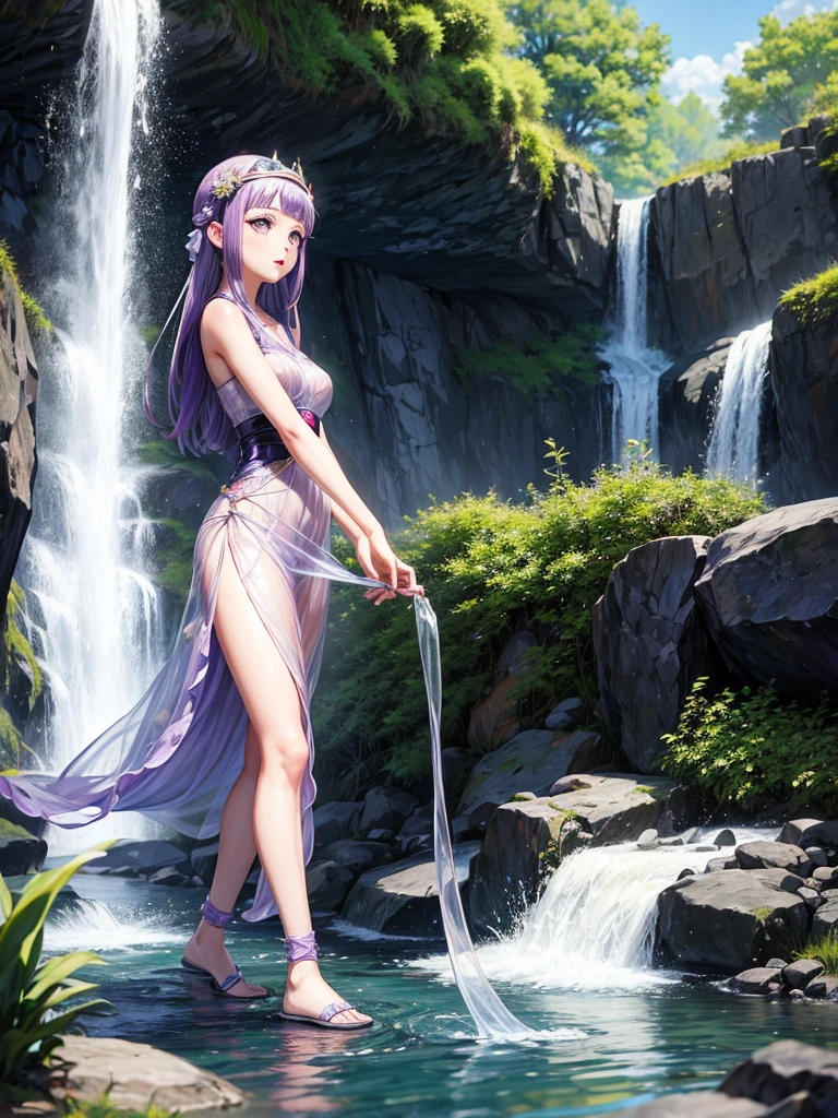 Make an image of a beautiful and pretty woman holding a purple flower, make her look beautiful and pretty and hot, make the background a valley with a waterfall in the background