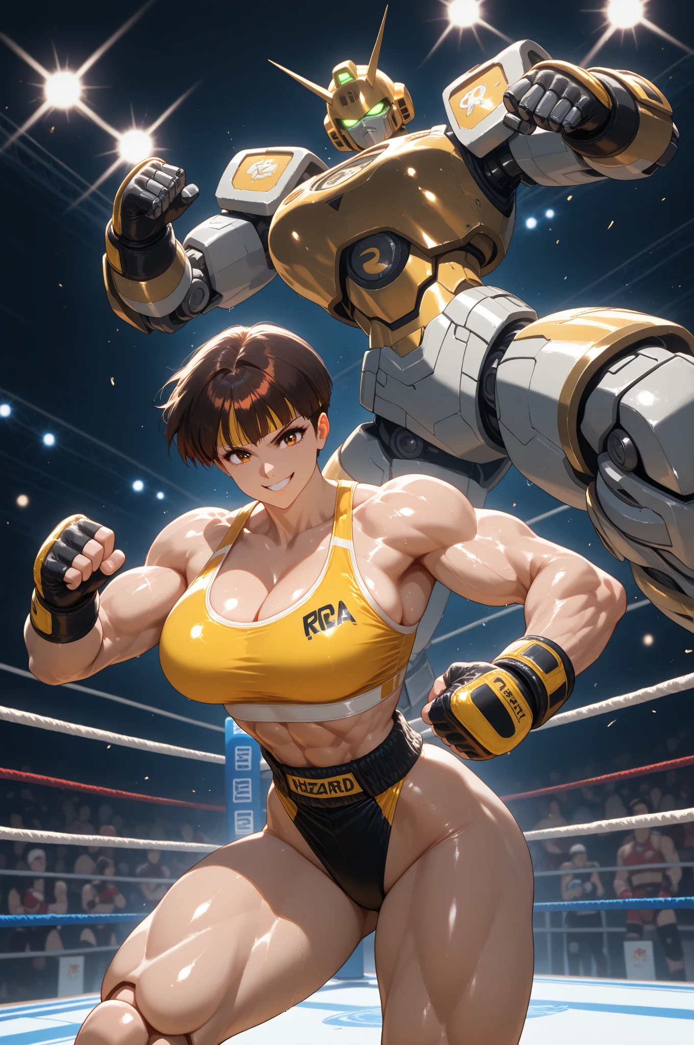 masterpiece, best quality, extremely detailed, Japanese android girl,Plump ,control panels,robot arms,robot,android,cyborg,white robot body,ceramic body,perfect robotgirl,blunt bangs,boxer,glove,boxing ring,blue eyes