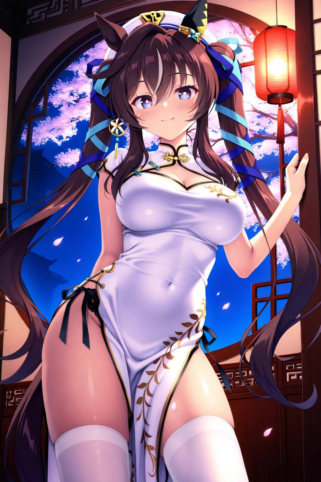 Natural Light, (Best Quality, highly detailed, Masterpiece), ((wide shot)), (Fantasy aesthetic style), (realistic light and shadow), (real and delicate background), (beautiful and detailed eyes), (realistic detailed skin texture), (detailed hair), (full-length shot), ((be reast)), Chinese mansion, Chinese garden, Outdoor, vibrant color, Draw a female Dancer, Chinese style, perfect face, beautiful and Pleasure, with long straight brown hair dancing in the air, wearing gorgeous hair accessories, (See-through White cheongsam), cleavage cutout, complemented by intricately designed lace thighhighs, with a slim figure and slender legs, ((brightly light environment)), ((dance stance)), ,more_details:-1, more_details:0, more_details:0.5, more_details:1, more_details:1.5,nardack