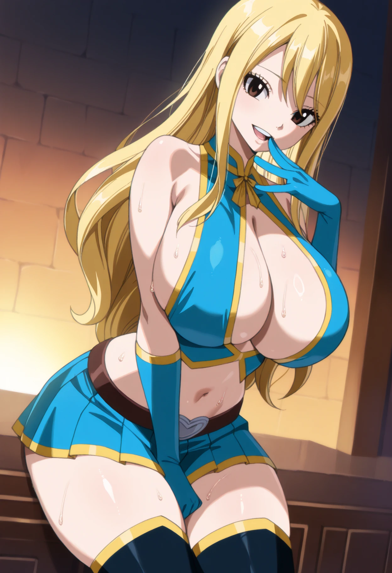 masterpiece, ((ultra detailed background, delicate pattern, intricate detail)), (highly detailed, fine details), best quality, beautiful lighting, (gigantic breasts)), NicoRobinV2, 1girl, blonde hair, long hair, solo, gigantic breasts, (smile), blue eyes, closed mouth, hair slicked back, jewelry, collarbone, (((helloutfit:1.1), underboob, elbow gloves, thigh boots, highleg panties, bare shoulders, curvy, midriff, curvy, thighs, higheels, shiny clothes), (complex detailed background, inside, luxury palace), curvy, cowboy shot