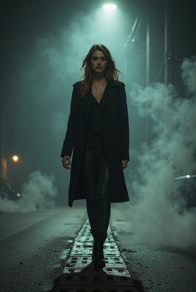RAW Photo of Sports Evil Queen of Darkness, pale skin, long light brown hair, A Slavic woman sings on stage, ominous vibe, black mist, Long hair, Elegant Sophisticated Fashion Pose, dressed in stylish modern black clothes, Nikon D850, 4 Kodak Portra 400 ,camera f1.6 lens ,hyper realistic ,lifelike texture , Cinestill 800