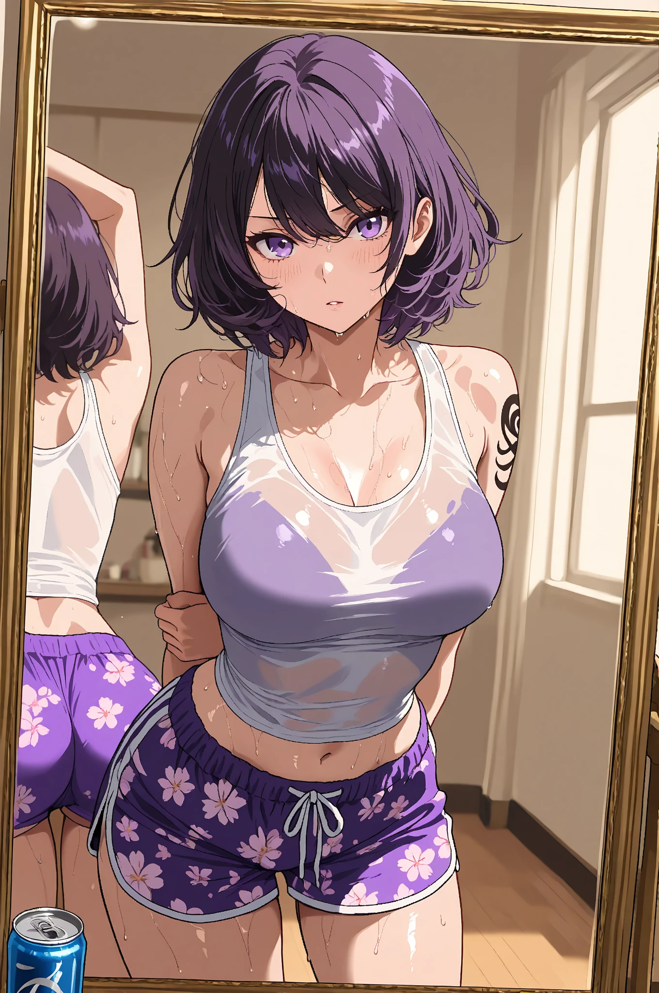 (masterpiece:1.3, top-quality, ultra high res, ultra detailed), (realistic, photorealistic:1.4), beautiful illustration, perfect lighting, natural lighting, colorful, depth of fields, surrealism,
beautiful detailed hair, beautiful detailed face, beautiful detailed eyes, beautiful clavicle, beautiful body, beautiful chest, beautiful thigh, beautiful legs, beautiful fingers, shiny skin, 
looking at viewer, 1 girl, japanese, 18 years old, (perfect anatomy, anatomically correct, super detailed skin), cute and symmetrical face, babyface, perfect face, perfect eyes, slender, 
(long hair:1.8, ponytail), break, (pastel pink hair), blunt bangs, maroon eyes, slant eyes, long eye lasher, (medium breasts, seductive thighs), 
(detailed cloth texture), black bra, black hair chouchou, break, (wearing long sleeve light purple t-shirt over underwear, light purple sweatshorts), (cleavage:0.5, shoulder:0.5), 
(beautiful scenery), evening, (living room, round rug mat), sitting rug mat, (lovely smile, upper eyes, parted lips),