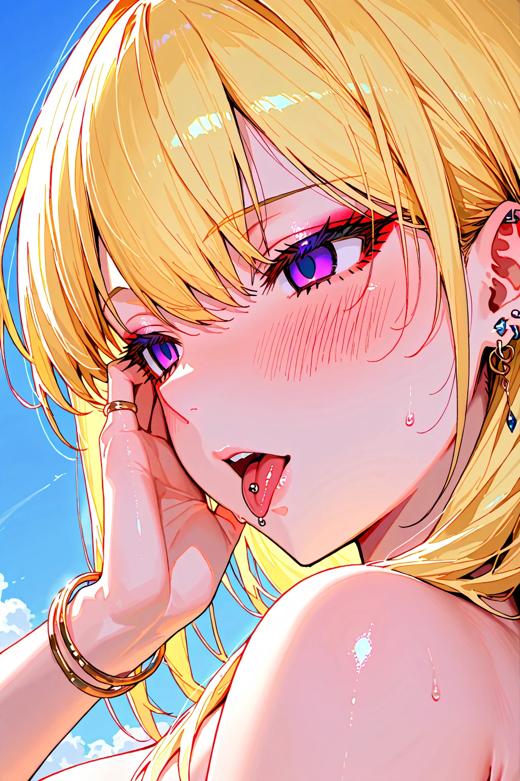 Highest quality、super high quality、16K, Delicious big breasts、woman２people、Facial expressions are random、 nude、The location is the beach、 Palm tree、cloud、The pose is random、 Her hair color is yellow.、Hair length is random、The angle is from below、Close-up shot of the subject、Small face、Very delicate facial expressions、Delicate eye depiction、Highly detailed hair、Erotic、18歳のwoman、Glowing Skin、Soft Skin、womanモデル2people