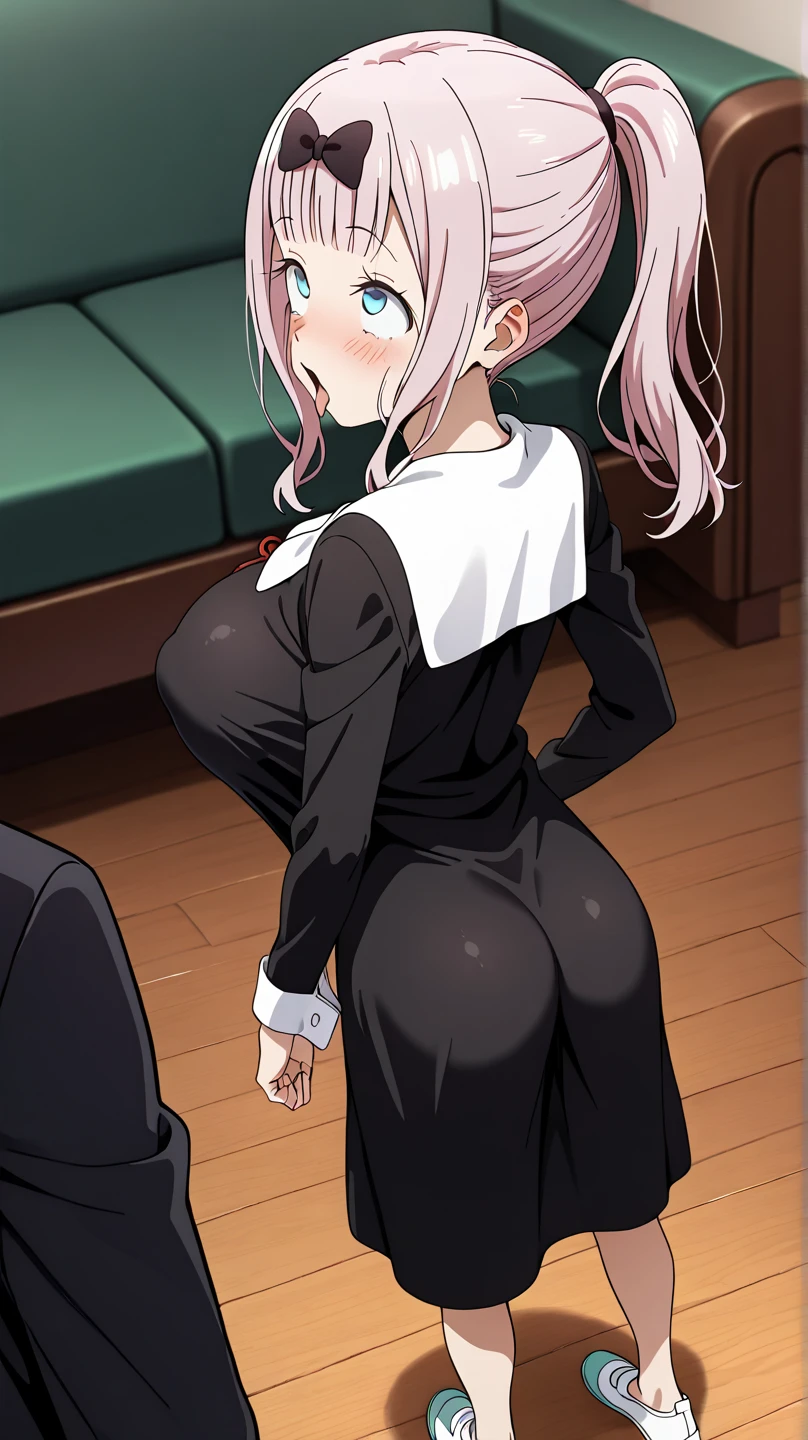 Score_9, Score_8_up, Score_7_up, Score_6_up, Score_5_up, Score_4_up, source_anime, anime style, anime screencap, 1girl, midori fuse, long hair, ribbon, purple eyes, hair ribbon, white hair, white cat ears, cute, pants pull, panty pull, cleft of venus, embarrassed, pov, pussy juice string, from behind