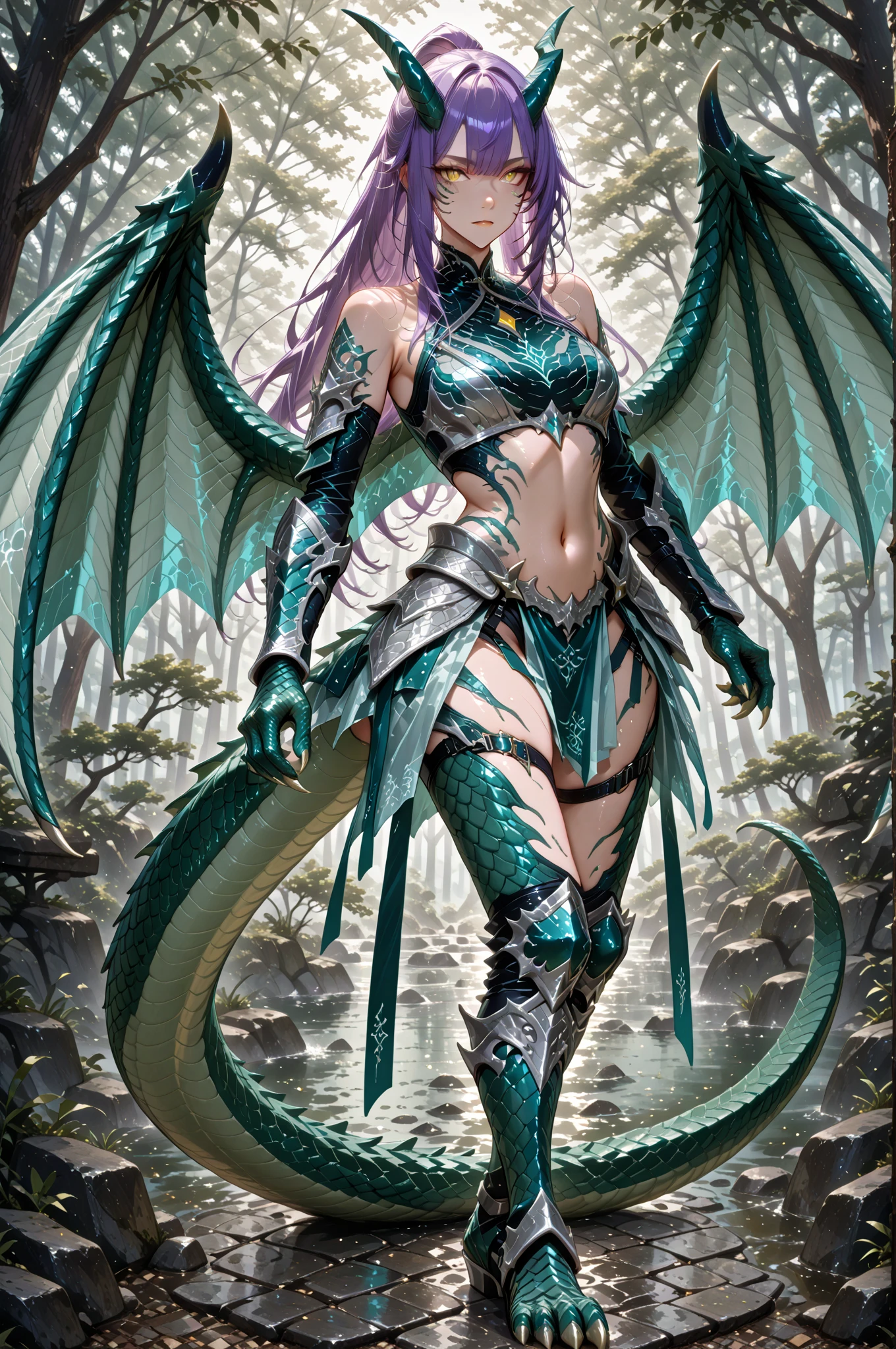 young teen girl, ancient dragon girl, wings and tail, sexi, small breasts, green scale armor and accesories, wielding sword made of a dragon fang, highly detailed, vibrant appearance, creative behavior, extremly detailed, imaginative, sensual, spontaneous, highest quality, skin texture, intricate details, (cinematic lighting), RAW photo, 8k, masterpiece,best quality,ultra-detailed,very detailed illustrations,extremely detailed,intricate details,highres,super complex details,extremely detailed 8k cg wallpaper,