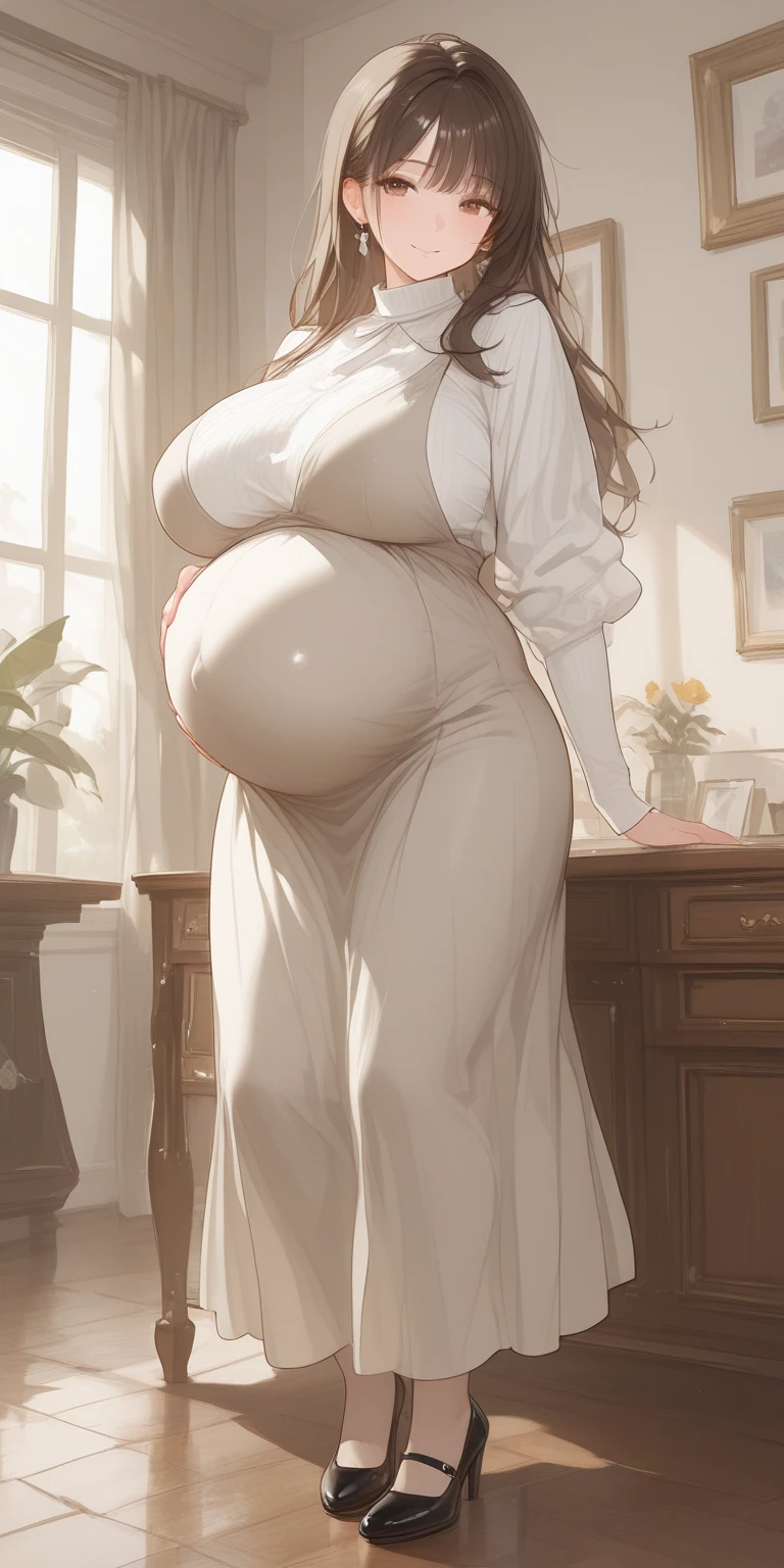 Night time,(Masterpiece), Best Quality, ultra-detailed, 1girl (eri, Slender and sexy body, pregnant, huge and pretty breasts, wide hips, brown hair, chignon,dog collar, brown eyes, empty eye, spectacles), evil
face, smirk,parted lips, mascara, full makeup, red lipstick, facing viewer, looking at viewer, solo, white wedding dress, see-through dress, long dress, white veil,bouquet grab , bows, in the livingroom, standing, , Front view,Full-body