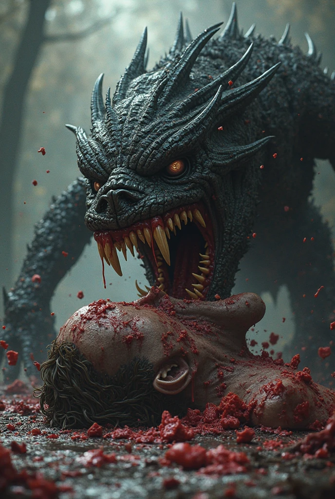 The people were no match for the monster.. He tore their flesh and crushed their bones between his teeth... some, It was devoured whole raw, looking at the spectator 
